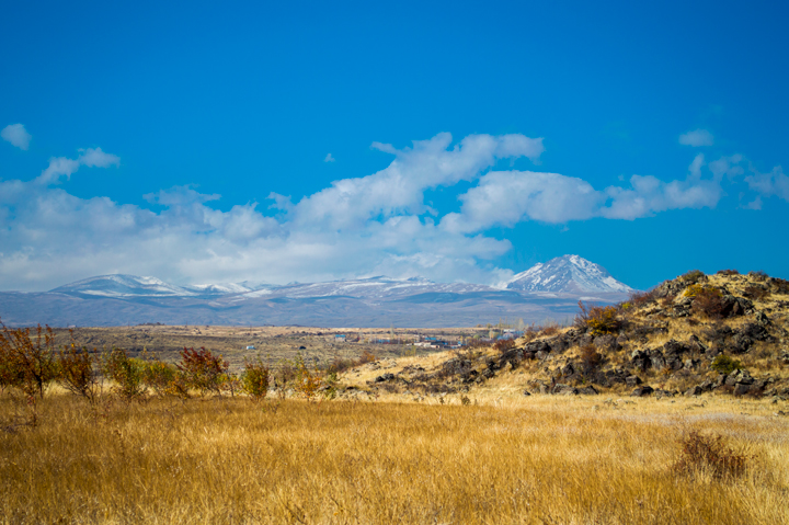 A view of Mount Aragats from the village of Saghmosavank, adventure tours in Armenia.
